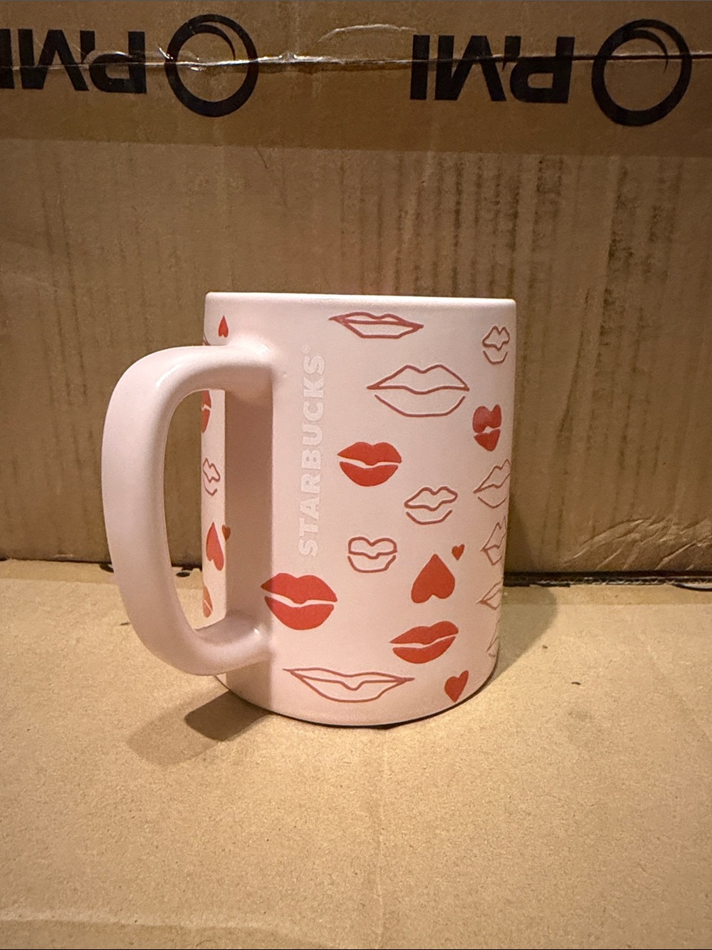 Starbucks Pink Mug with Red Lip and Heart Motif
